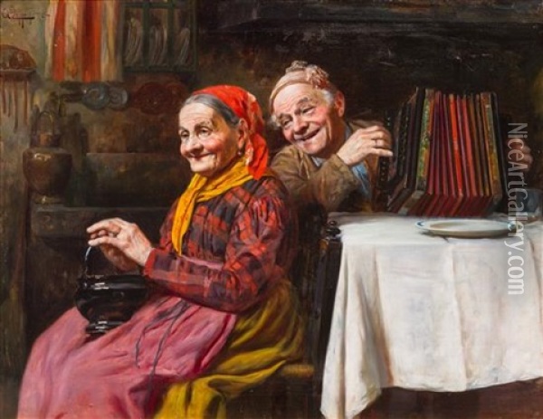 Nonna Y La Fisarmonica Oil Painting - Antonio Zoppi