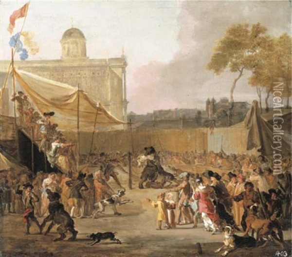 A Crowd Watching Bear-baiting In A Town Square Oil Painting - Abraham Danielsz Hondius