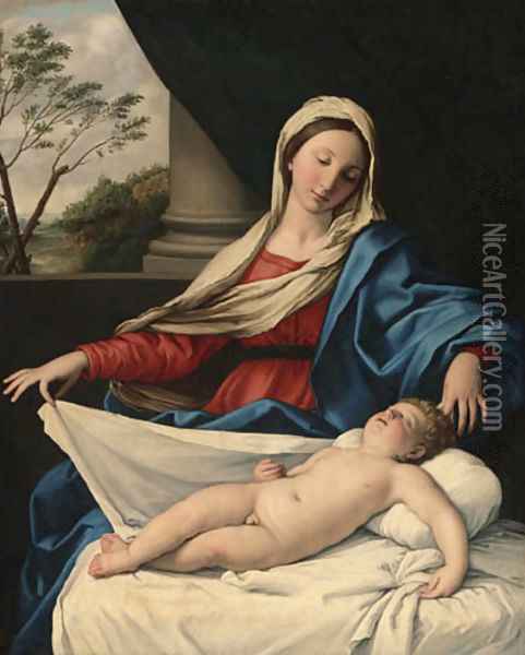 The Madonna adoring the sleeping Child Oil Painting - Giovanni Battista Salvi, Il Sassoferrato