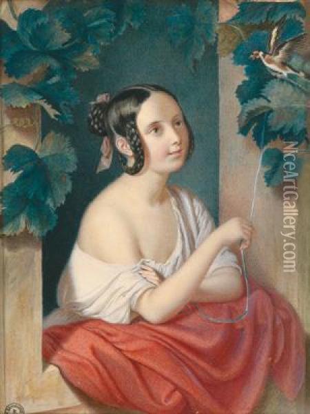 A Girl And A Songbird At The Window Oil Painting - Johann Manschgo