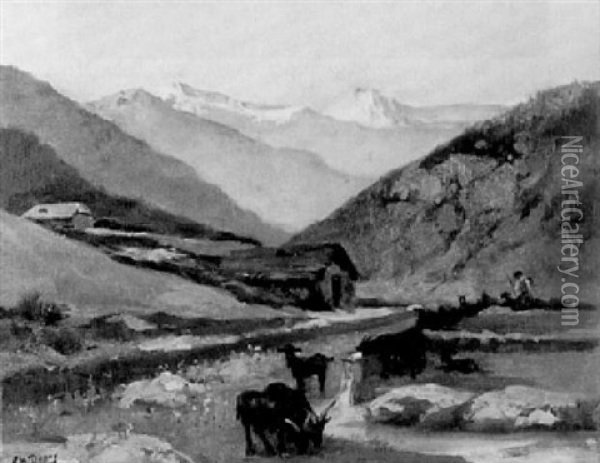 Berger Et Ses Chevres, Paysage De Montagne Oil Painting - Paul Michel Dupuy