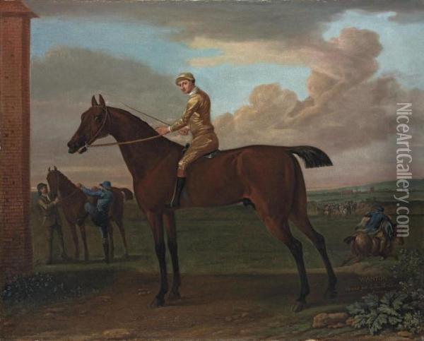 Wanton, A Bay Racehorse With Jockey Up, At Newmarket Oil Painting - John Wootton