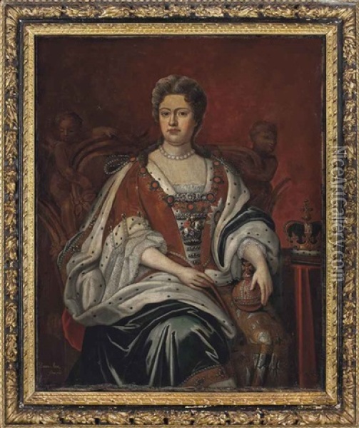 Portrait Of Queen Anne (1665-1714), Seated Three-quarter-length, In State Robes, Holding An Orb Oil Painting - Thomas Gibson