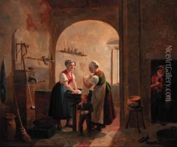Washerwomen In A Sunlit Basement With A Young Boy Blowingbubbles Oil Painting - Constantin Fidele Coene