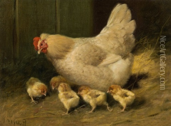Mother Hen And Her Chickens Oil Painting - Arthur Heyer