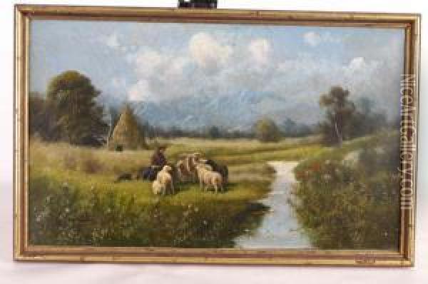 Ashepherd With His Flock Beside A Stream Oil Painting - M. Zampella