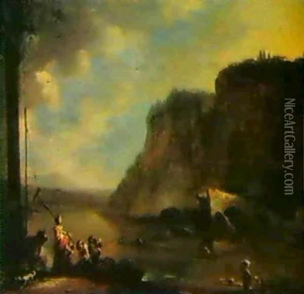 Flusslandscheft Mit Staffage Oil Painting - Johannes Lingelbach