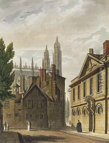 Front of Trinity Hall, Cambridge, from The History of Cambridge, engraved by Joseph Constantine Stadler fl.1780-1812, pub. by R. Ackermann, 1815 Oil Painting - Augustus Charles Pugin