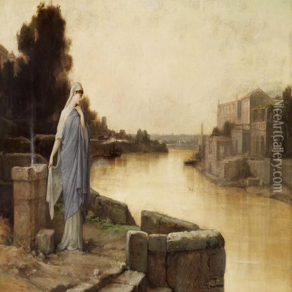 A Vestal At The Bank Of The Tiber In Rome Oil Painting - Louis Hector Leroux