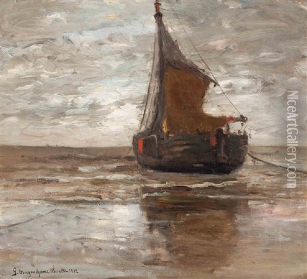 Bomschuit Riding At Anchor, At Low Tide Oil Painting - Gerhard Arij Ludwig Morgenstjerne Munthe
