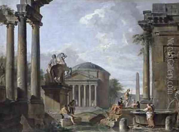 Landscape with Roman Ruins Oil Painting - Giovanni Paolo Panini