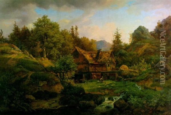 Berglandschaft Mit Bauernhaus Am Bach Oil Painting - Ludwig (Louis) Friedrich Nitzschke