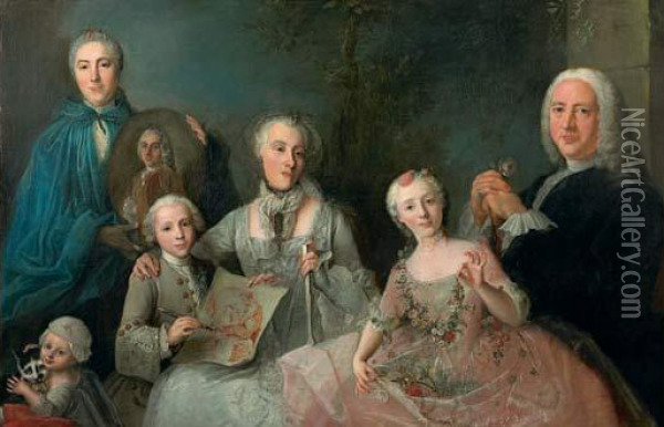 Portrait De Famille Dans L'embrasure D'une Fenetre Oil Painting - Jean Claude Lemaire