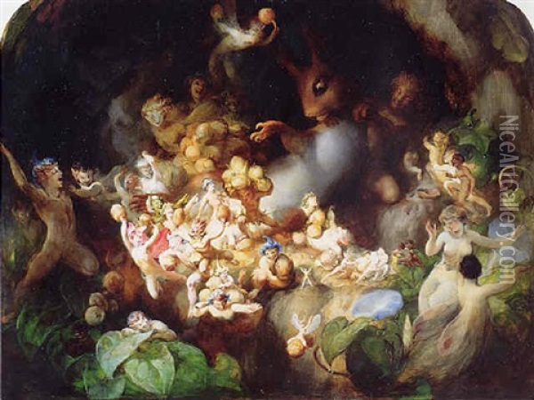 Titania's Elves Robbing The Squirrel's Nest - Midsummer Night's Dream Oil Painting - Robert (Huskisson) Huskinson