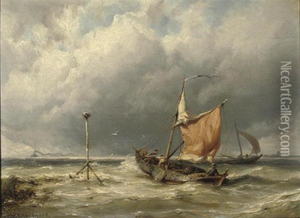 Fishermen In Rough Weather Oil Painting - Johannes Hermann Barend Koekkoek