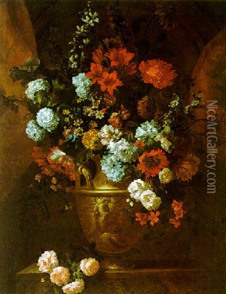 A Still Life Of Roses, Parrot Tulips, Lilac, Marigolds And Other Flowers In A Sculpted Vase Upon A Stone Plinth Within A Niche Oil Painting - Jean-Baptiste Monnoyer