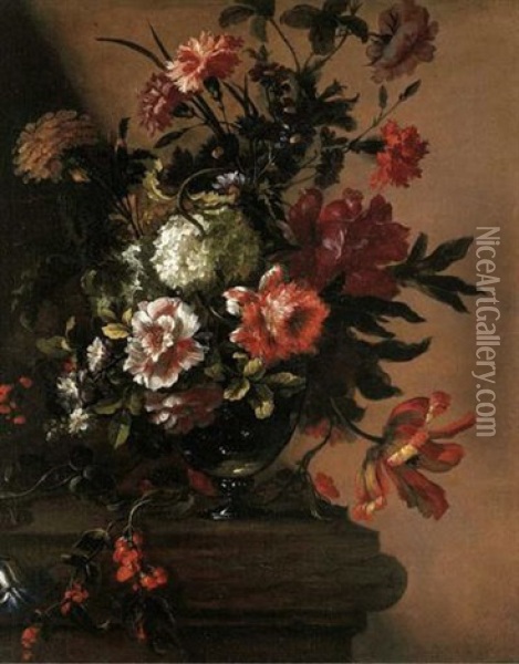 Peonies, Parrot Tulips, Carnations And Other Flowers, In An Urn On A Stone Ledge Oil Painting - Jean-Baptiste Monnoyer