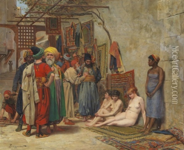 Orientalischer Markt Mit Drei Weissen Und Einer Dunklen Sklavin Oil Painting - Andre Emile Larcher