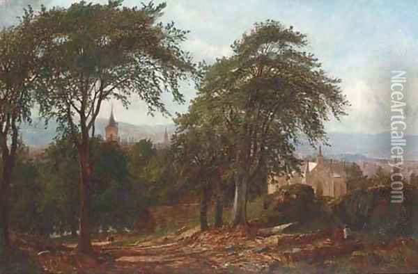 Figures seated by a wooded path, a valley town beyond Oil Painting - John Hall Craunston
