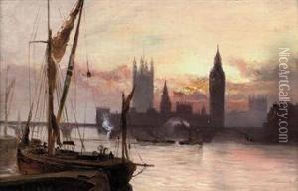 The Houses Of Parliament From Across The Thames Oil Painting - George Hyde Pownall