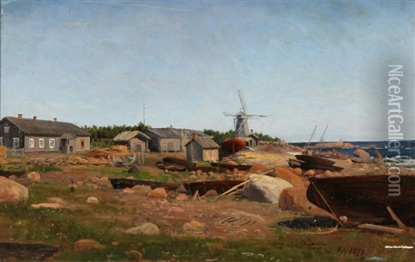 Coastal Scene With A Windmill Oil Painting - Thorsten Waenerberg