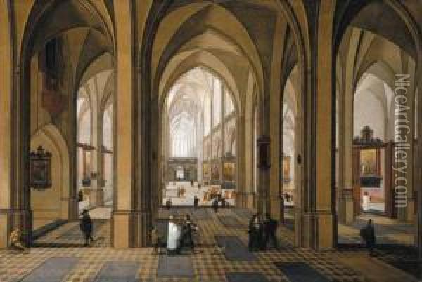 The Interior Of A Gothic Church With Elegant Company Oil Painting - Pieter Neefs The Elder, Frans The Younger Francken