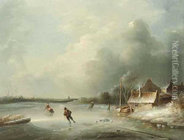 A frozen waterway with figures skating Oil Painting - Anthony Andreas De Meijier