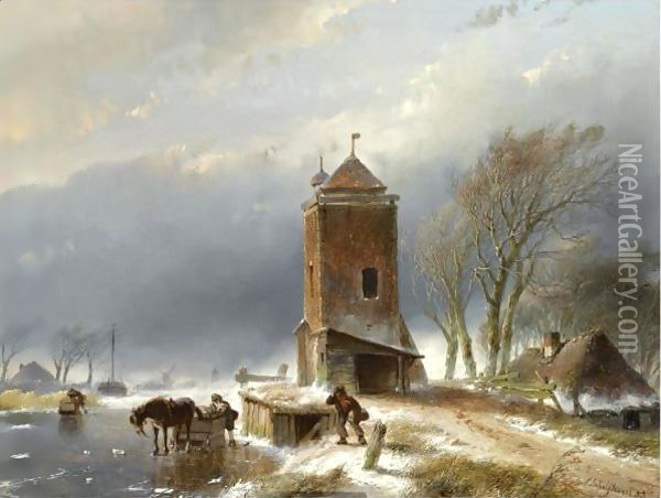 A View Of A Frozen Canal With Figures Near A Horse Drawn Slegde Oil Painting - Andreas Schelfhout