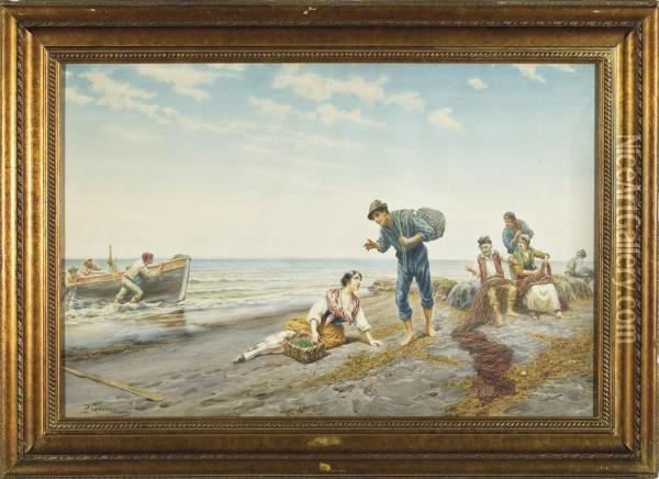 Marina Con Barca E Pescatori Oil Painting - Pietro Gabrini