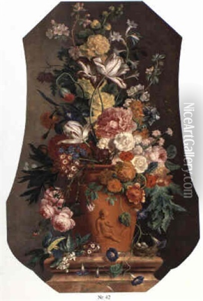Groses Blumenstilleben In Tonvase Auf Einer Marmorbr_stung Oil Painting - Jan Van Huysum
