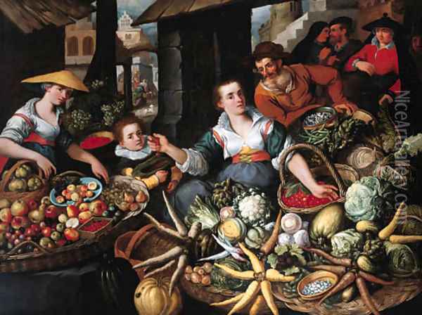 A fruit and vegetable stall in a town market Oil Painting - Jean Baptiste de Saive