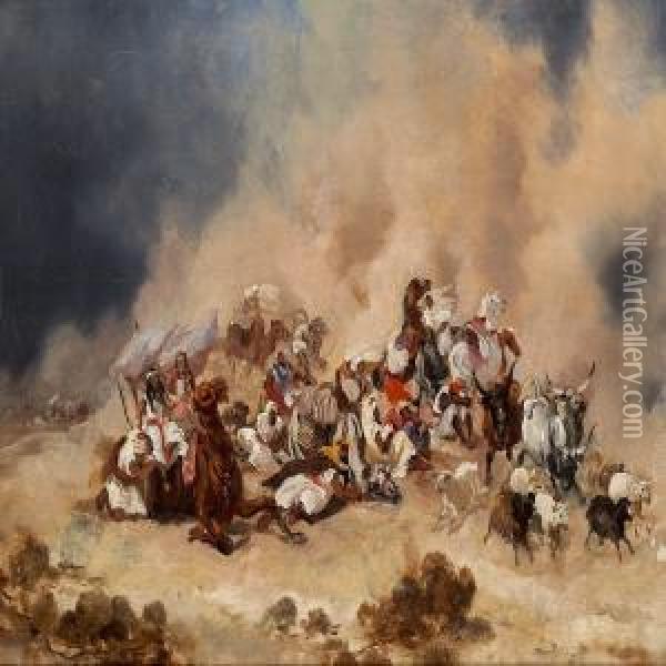 A Sandstorm In The Desert Oil Painting - Niels Simonsen