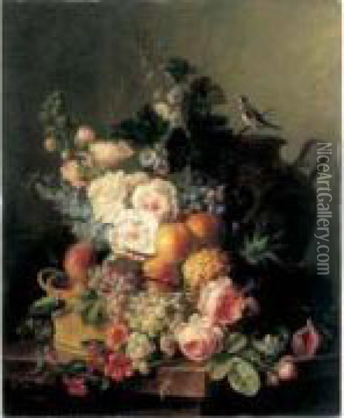 Nature Morte Au Panier De Fruits
 Et Fleurs Nid Vase Et Oiseau Sur Un Entablement De Marbre Oil Painting - Cornelis van Spaendonck