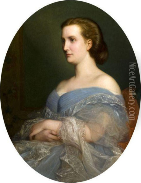 Portrait De Femme A La Robe Bleue Oil Painting - Charles Zacharie Landelle