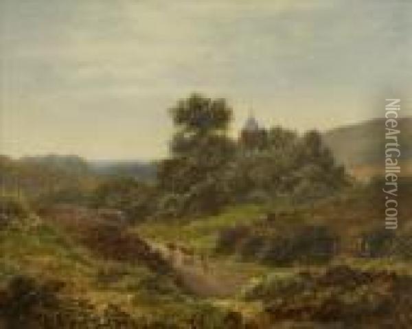 A Figure And Cattleon A Path And Two Figures A Dog On Heathland A Pair Oil Painting - Arthur Gilbert