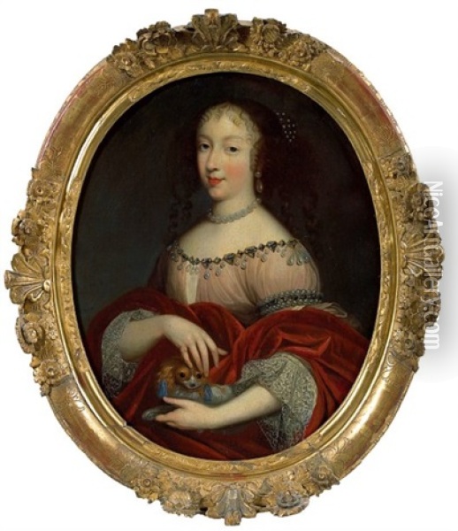 Portrait De Henriette- Anne D'angleterre (?), Duchesse D'orleans Avec Un Petit Chien Oil Painting - Jean Nocret