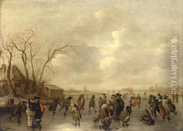A Winter Landscape With Skaters, Figures Playing Kolf And A Boy On A Sleigh On A Frozen River, A Farmhouse To The Left Oil Painting - Adriaen Lievensz van der Poel