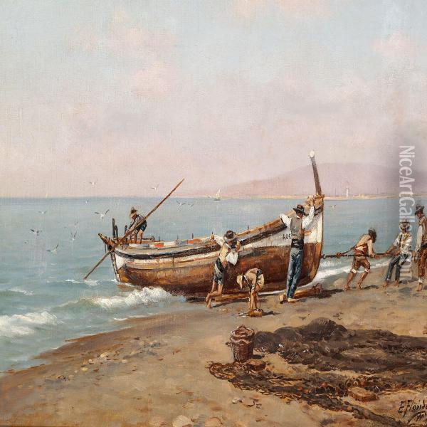 View Of The Coast Of Malaga With Fishermen At Their Boats Oil Painting - Enrique Florido Bernils