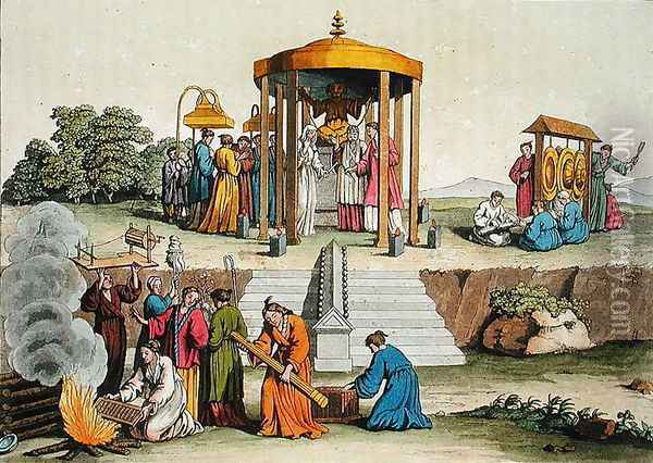 A Japanese wedding ceremony, illustration from Le Costume Ancien et Moderne by Giulio Ferrario, published c.1820s-30s Oil Painting - Antonio Rancati