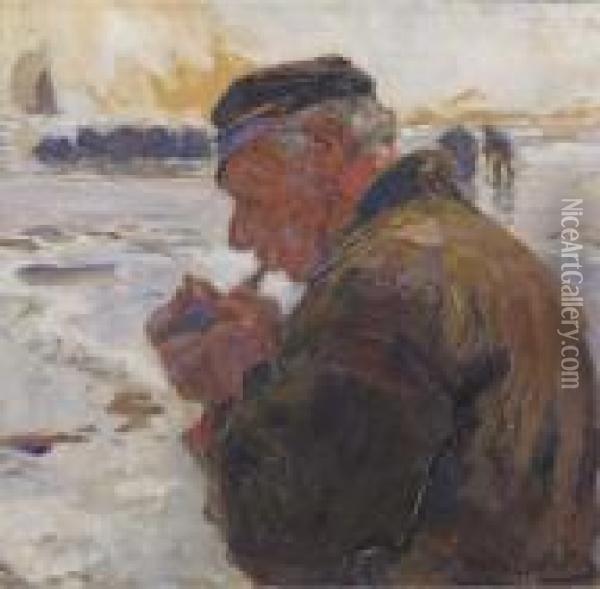 A Quiet Moment; A Fisherman Lighting His Pipe Oil Painting - Hans Von Bartels
