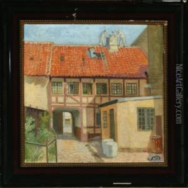 Exterior From Odensewith Workers On The Roof Oil Painting - Sophus Paulsen