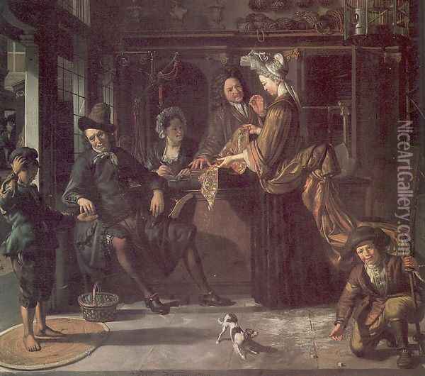 The Cloth Shop 1709 Oil Painting - Matthijs Naiveu