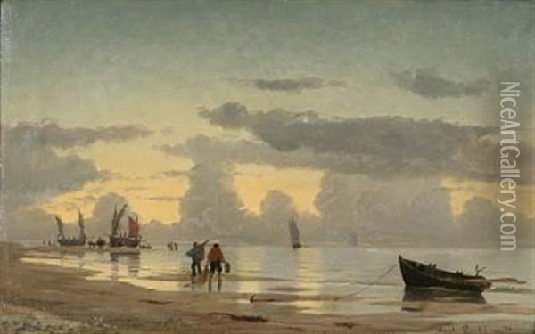 Early Morning On A Beach With Fishermen On Their Way To The Sea Oil Painting - Carl Ludvig Thilson Locher