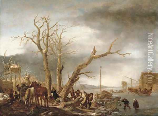 A frozen river landscape with woodsmen felling a tree Oil Painting - Isaack Jansz. van Ostade