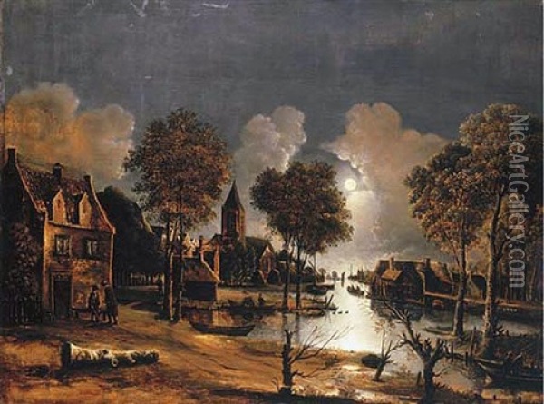 A Village In A Moonlit River Landscape Oil Painting - Johannes Van Der Neer