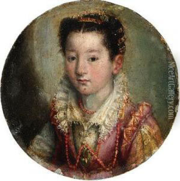 Portrait Of A Girl, Bust-length,
 In A Pink And White Embroidereddress, Wearing A Coral Necklace Oil Painting - Lavinia Fontana