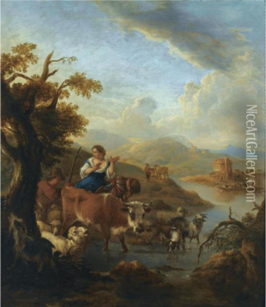A Shepherd And A Shepherdess 
With Their Herd Fording A River In An Italianate Landscape, A Tower In 
The Distance Oil Painting - Michiel Carre