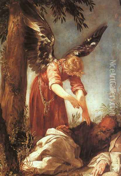 An Angel Awakens the Prophet Elijah 1667 Oil Painting - Juan Antonio Frias y Escalante