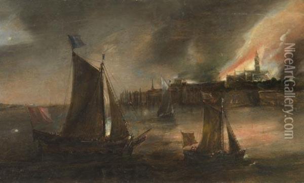 Zugeschrieben - Nachtliche Flusslandschaft Vor Einer Brennenden Hafenstadt Oil Painting - Frans de Momper