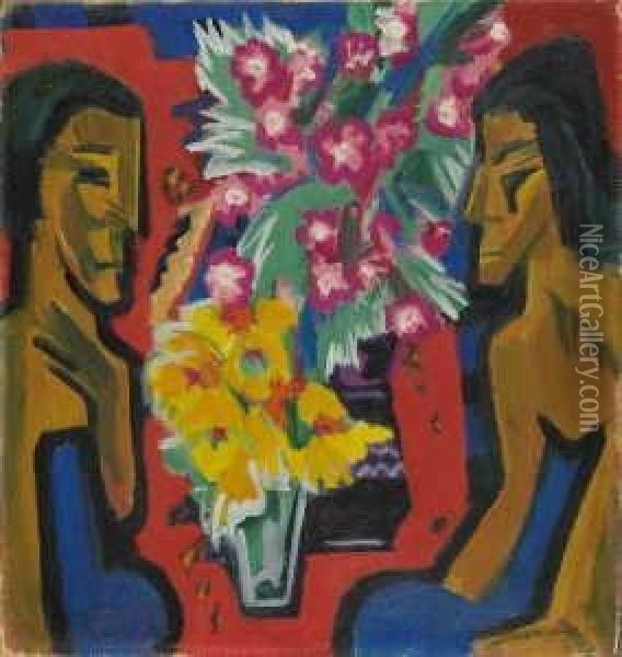Stilleben Mit Zwei Holzfiguren Und Blumen Oil Painting - Ernst Ludwig Kirchner